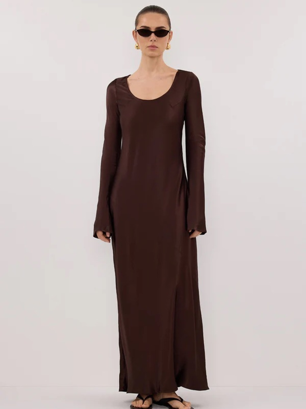 DISSH Chocolate Brown Scoop Neck Long Sleeve Maxi Dress